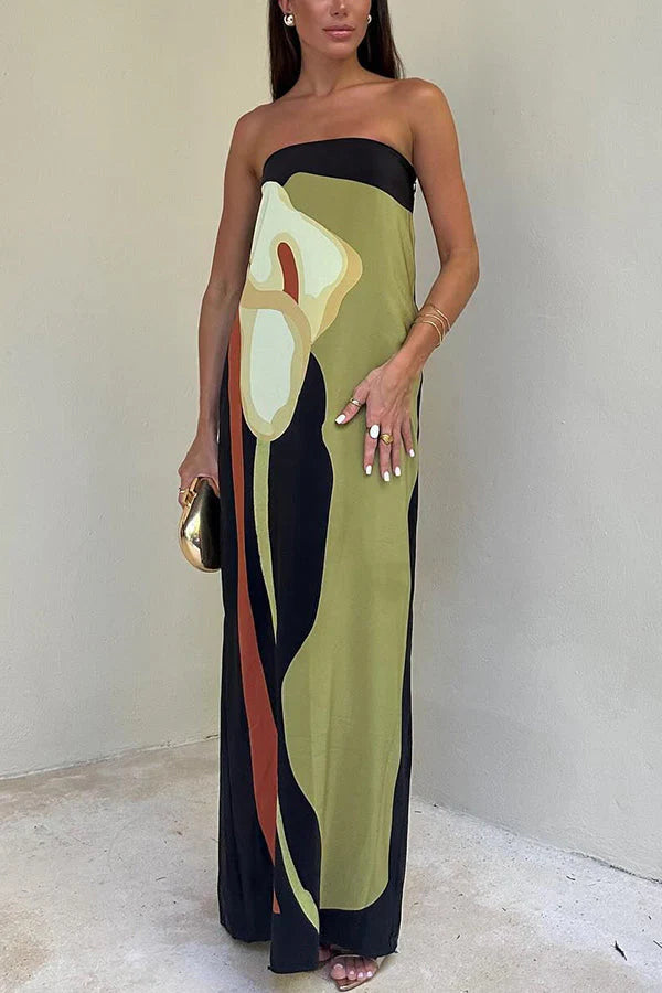 Abstract Floral Print Elasticated Off Shoulder Vacation Loose Maxi Dress