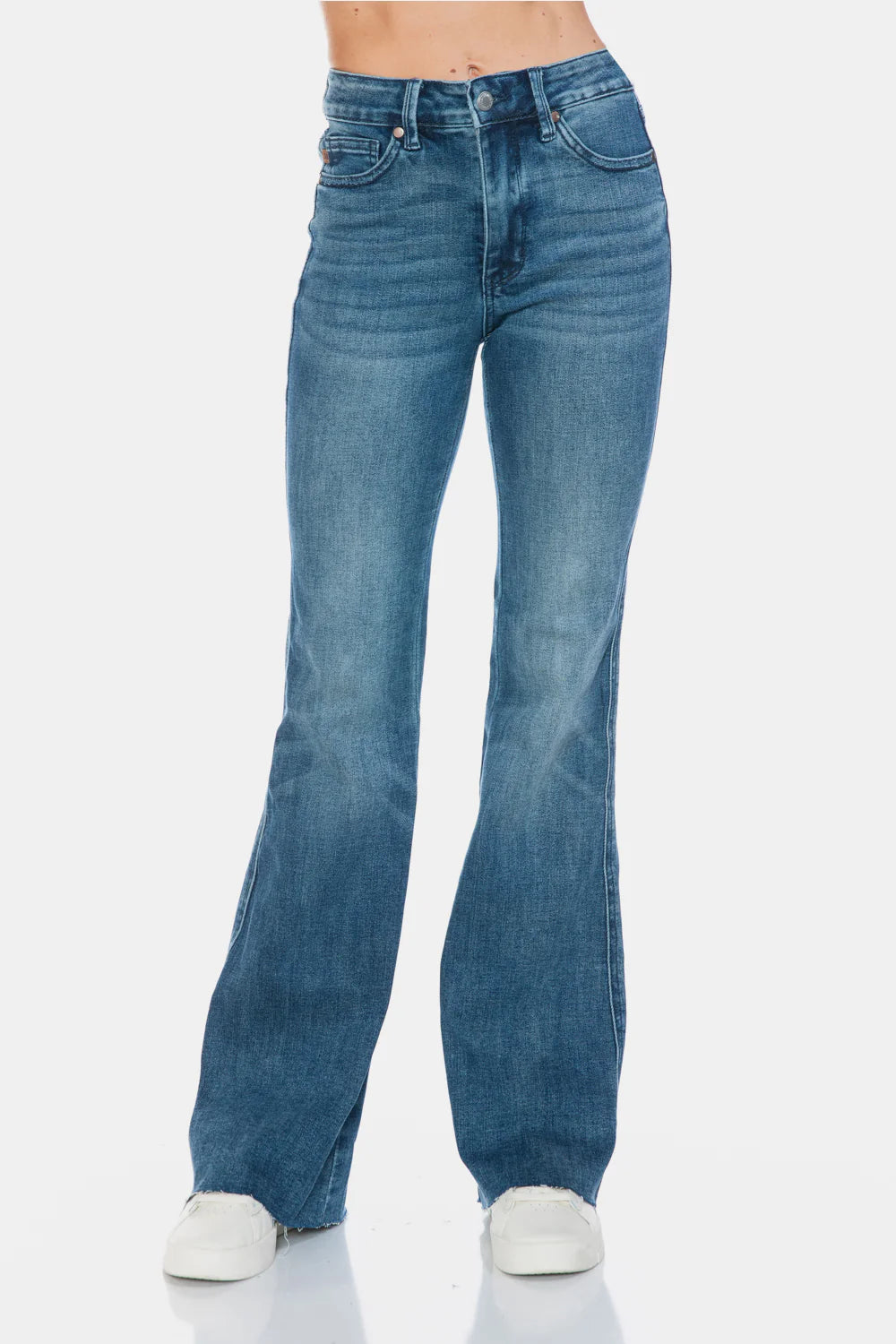 Gemigirl Mid Rise Tummy Control Cut Hem Flare Jeans in Vintage Wash