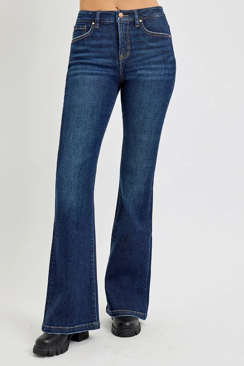 RISEN High Rise Flare Jeans with Pockets in Dark Wash