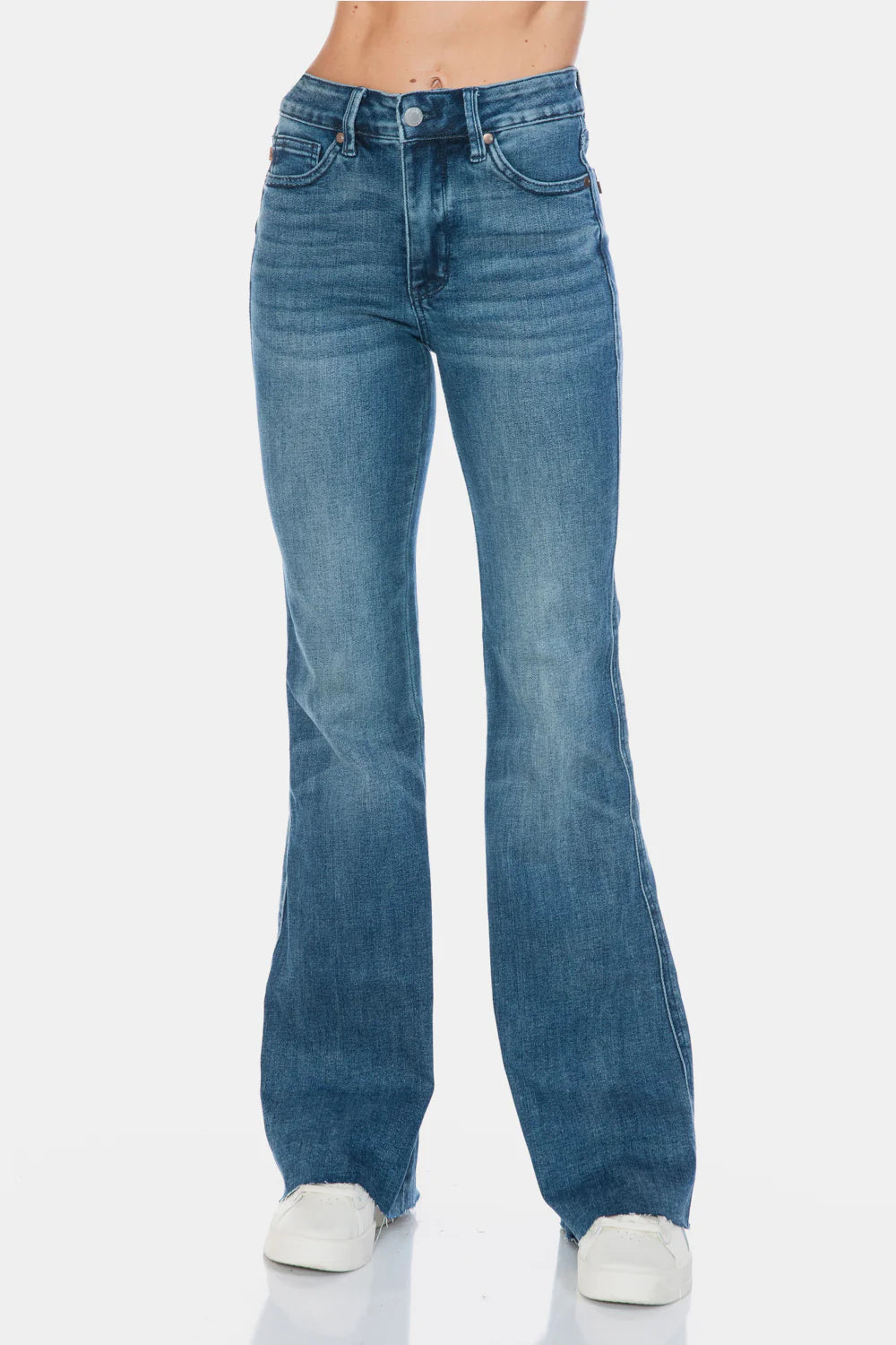 Gemigirl Mid Rise Tummy Control Cut Hem Flare Jeans in Vintage Wash