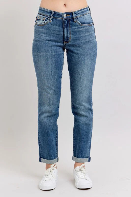 Gemigirl Mid Rise Skinny Cuff Jeans with Pockets in Dark Wash