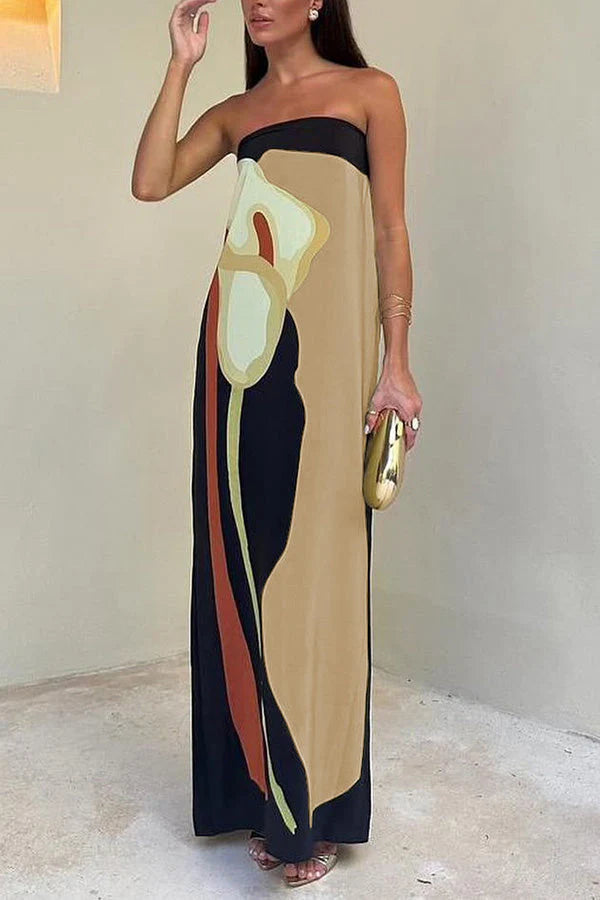 Abstract Floral Print Elasticated Off Shoulder Vacation Loose Maxi Dress
