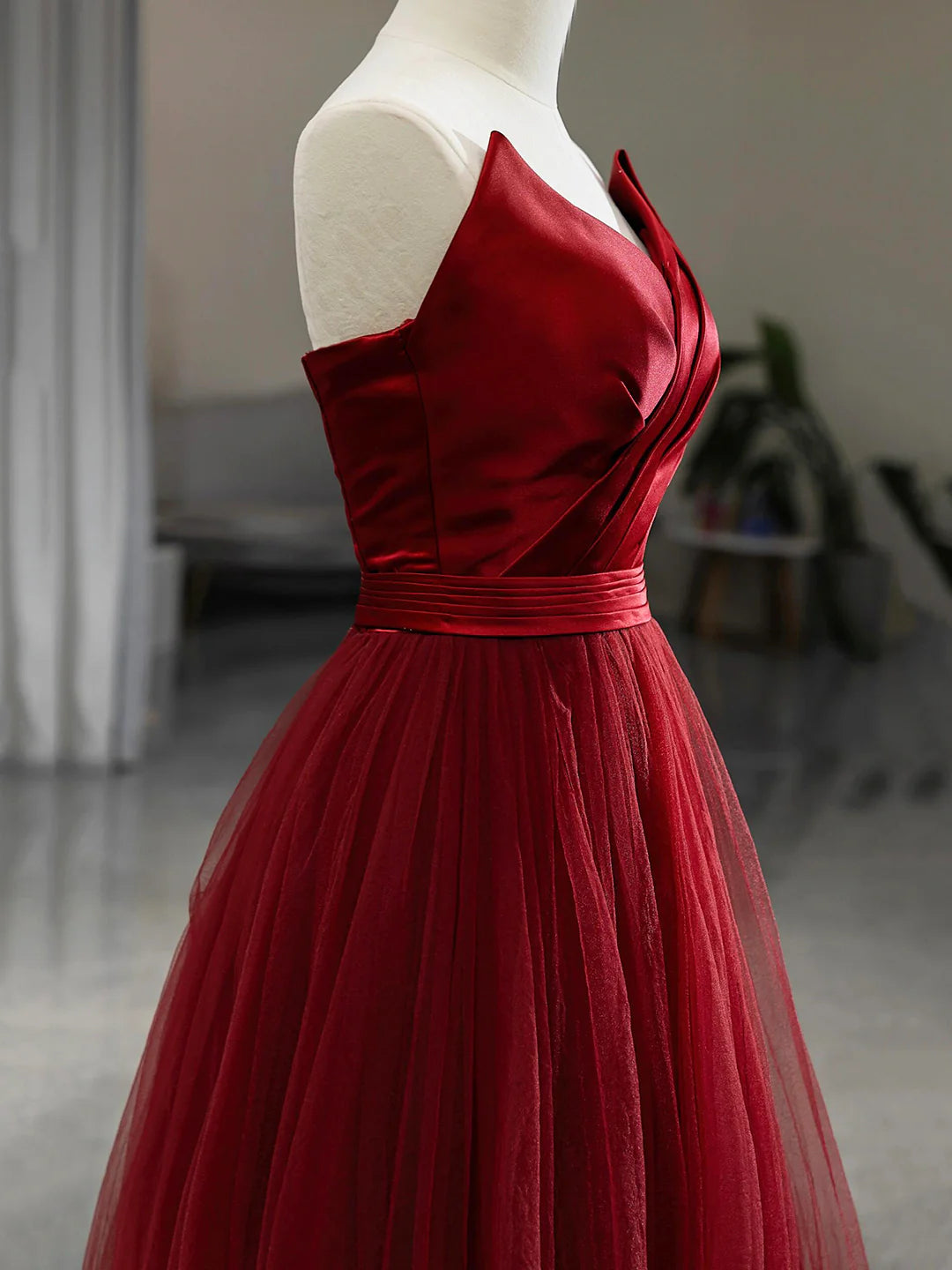 Burgundy V-Neck Satin Tulle Long Prom Dress, A-Line Strapless Evening Party Dress