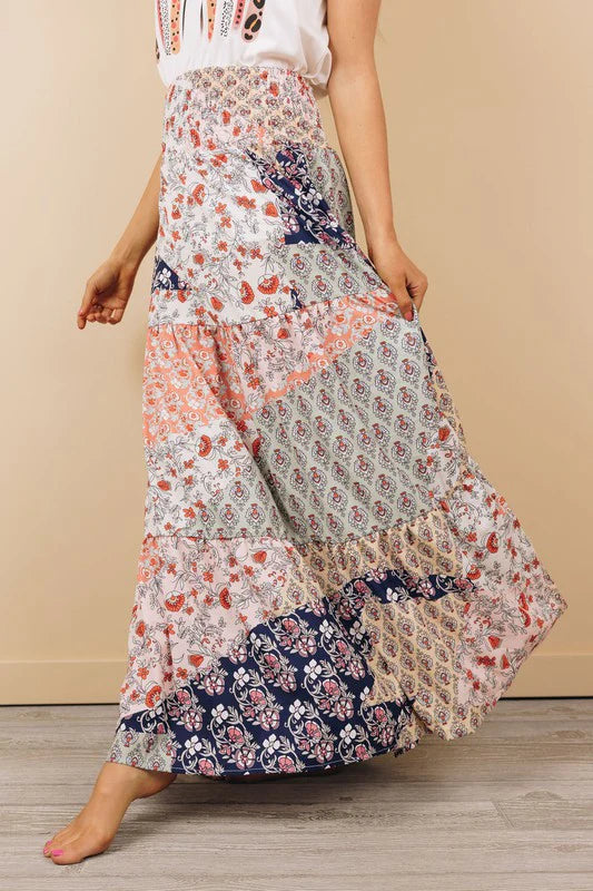 Calypso Boho Maxi Skirt in Multi-Color Pattern