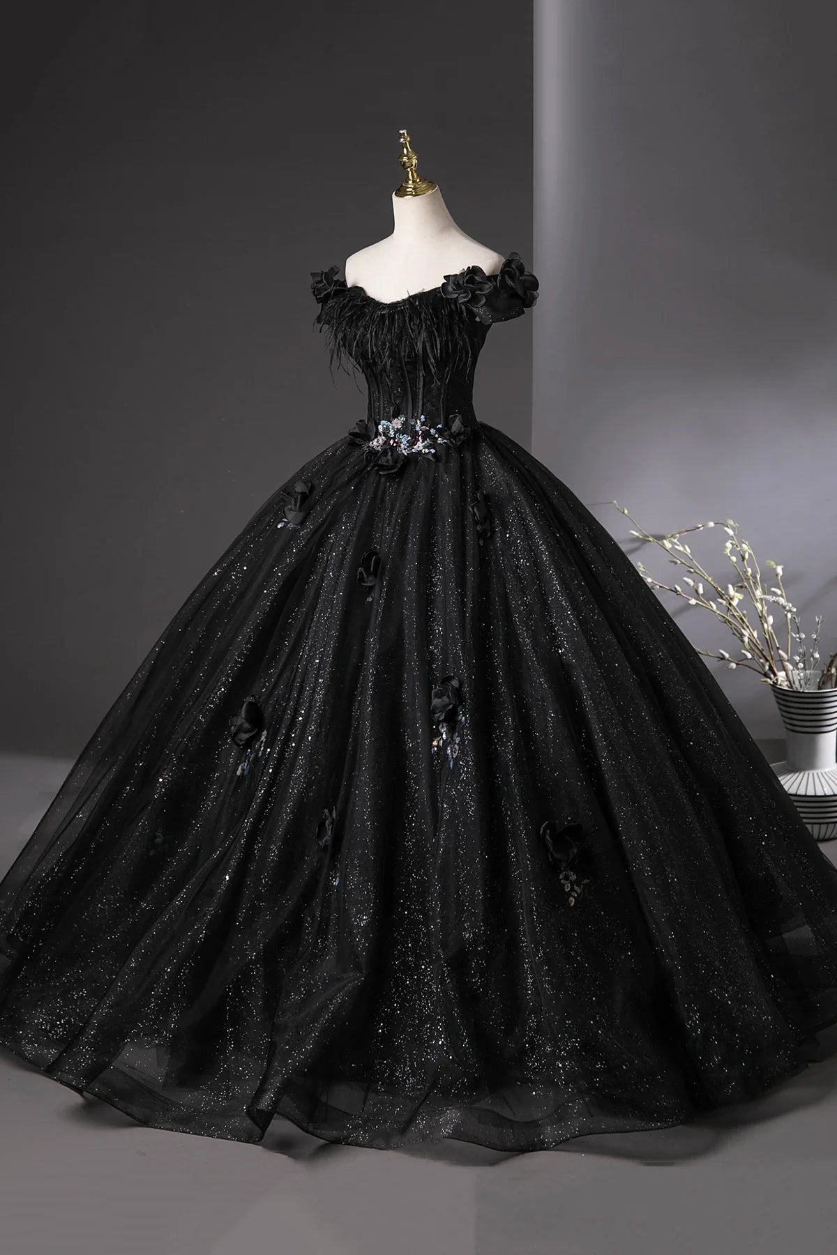 Shiny Black Tulle Long Ball Gown, A-line Off the Shoulder Feather Evening Gown
