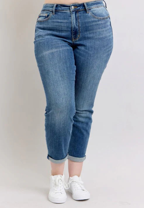 Gemigirl Mid Rise Skinny Cuff Jeans with Pockets in Dark Wash