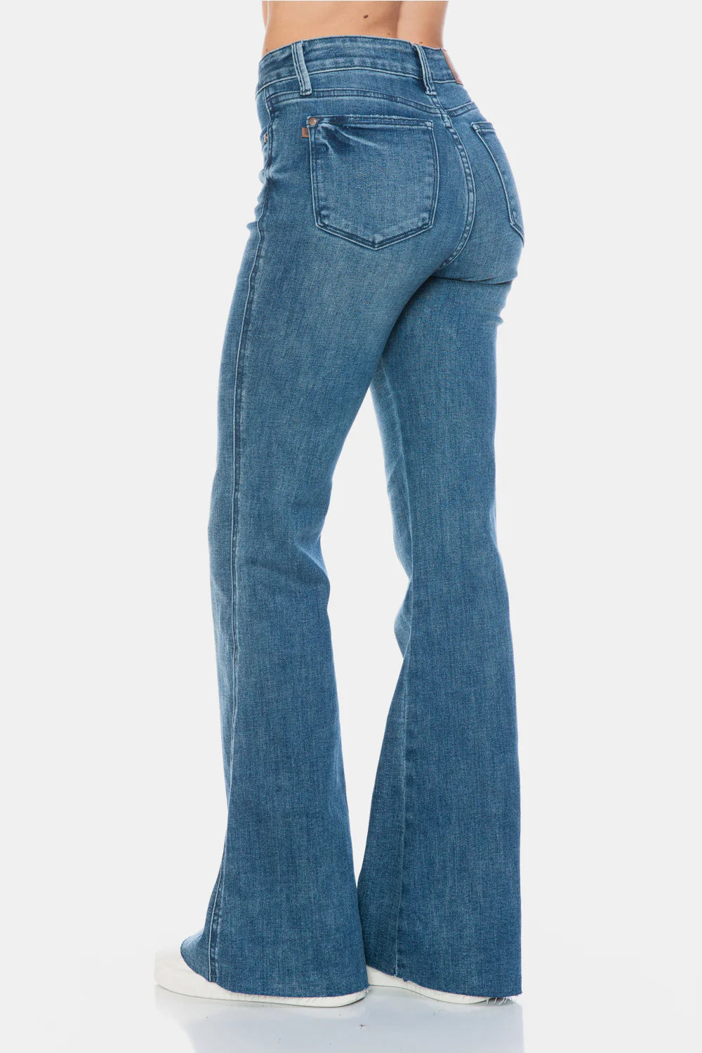 Gemigirl Mid Rise Tummy Control Cut Hem Flare Jeans in Vintage Wash