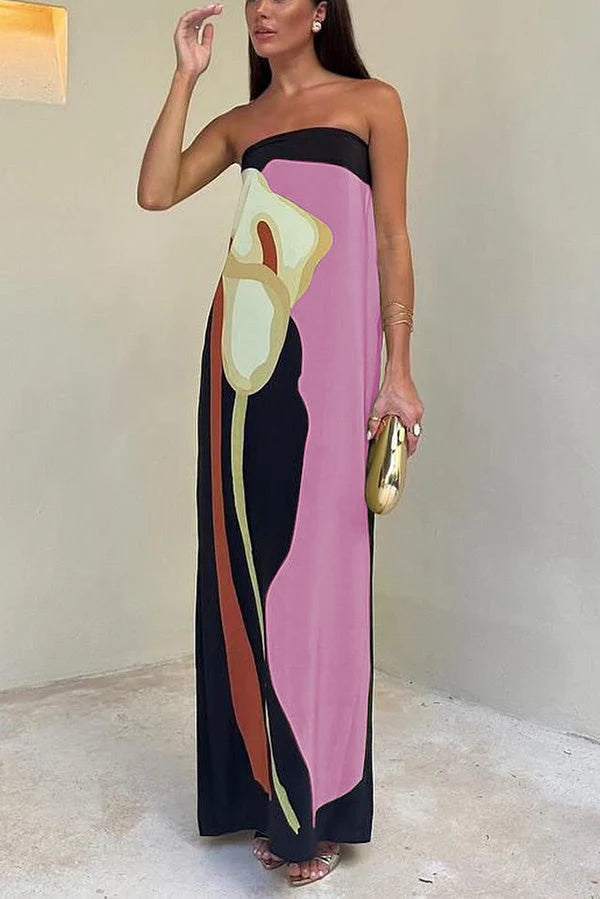 Abstract Floral Print Elasticated Off Shoulder Vacation Loose Maxi Dress