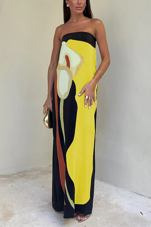 Abstract Floral Print Elasticated Off Shoulder Vacation Loose Maxi Dress