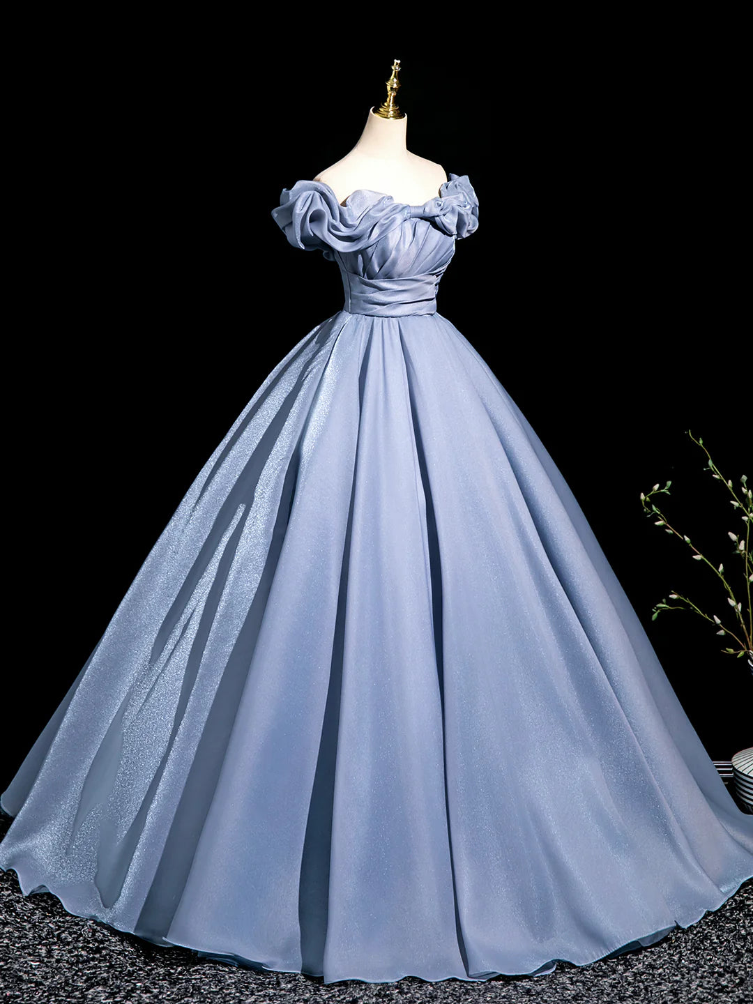 Blue Tulle Pleated Long Prom Dress, Elegant A-Line Evening Party Dress