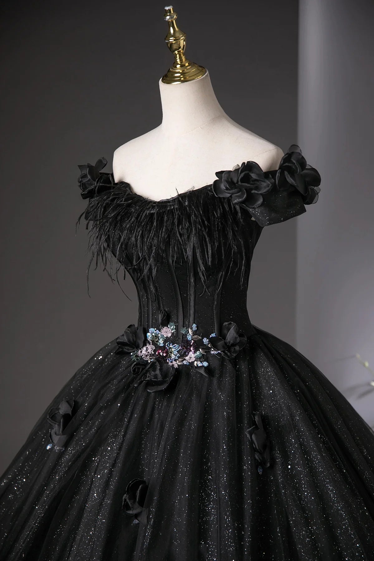 Shiny Black Tulle Long Ball Gown, A-line Off the Shoulder Feather Evening Gown