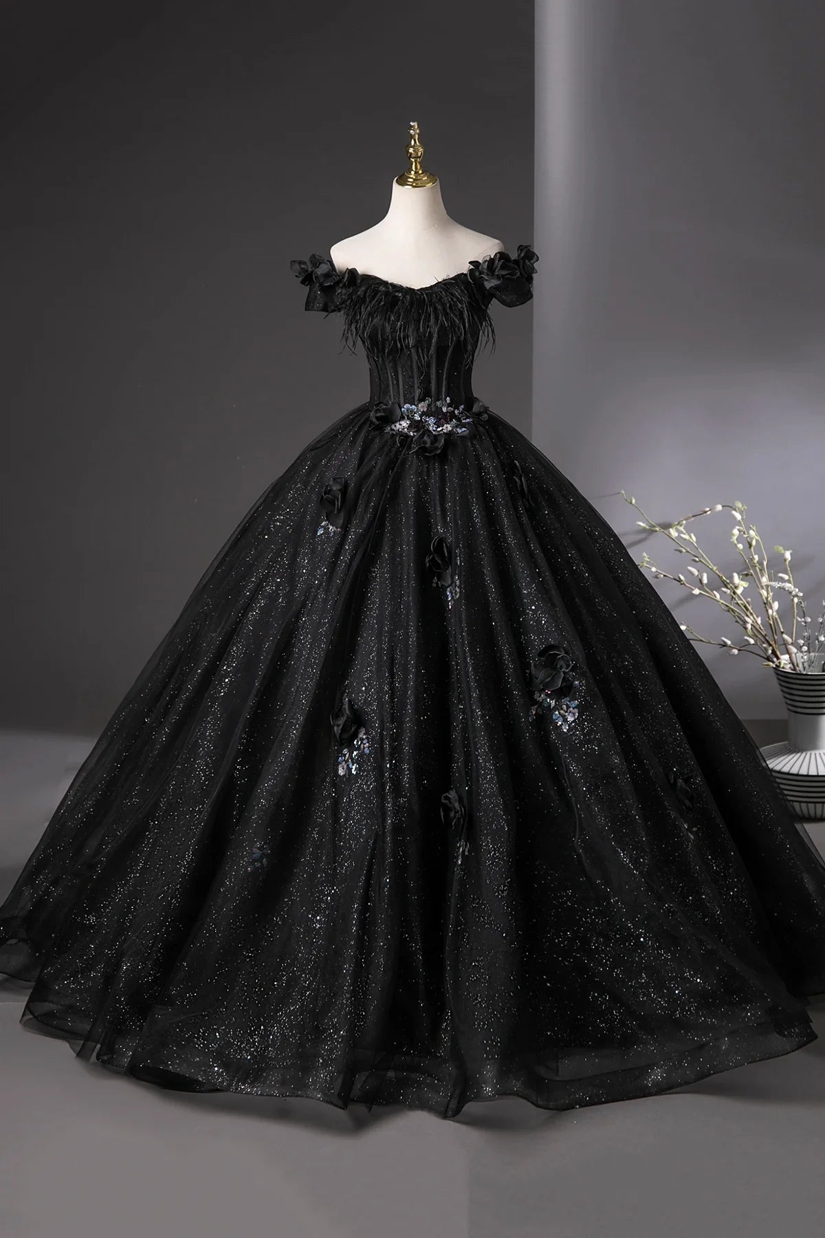 Shiny Black Tulle Long Ball Gown, A-line Off the Shoulder Feather Evening Gown