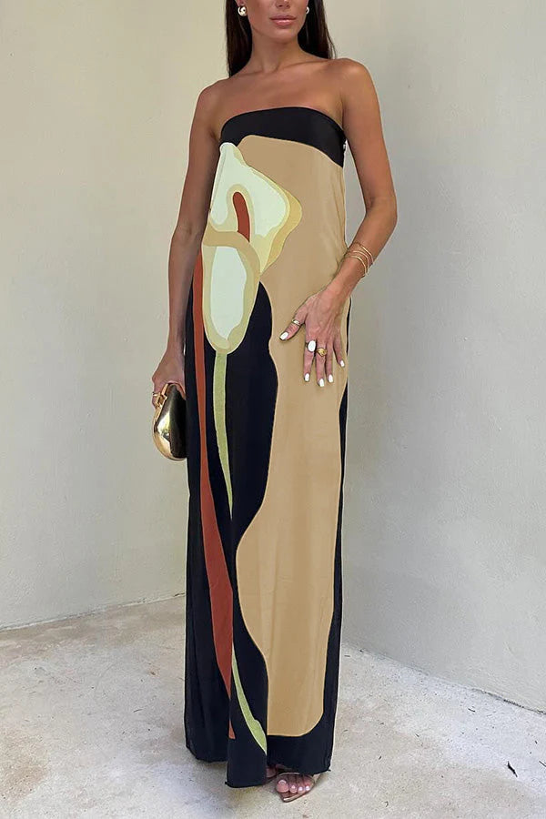 Abstract Floral Print Elasticated Off Shoulder Vacation Loose Maxi Dress
