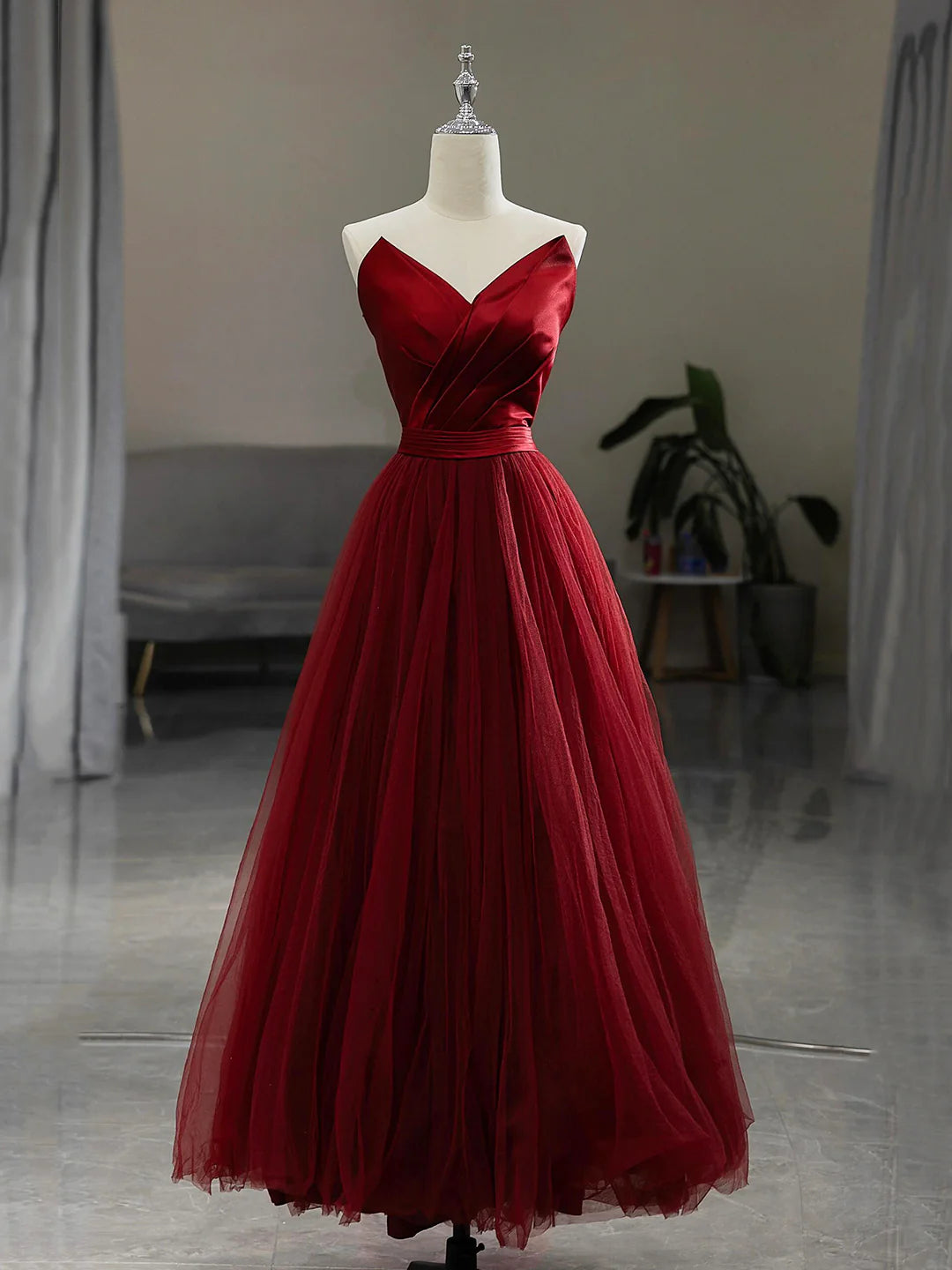 Burgundy V-Neck Satin Tulle Long Prom Dress, A-Line Strapless Evening Party Dress