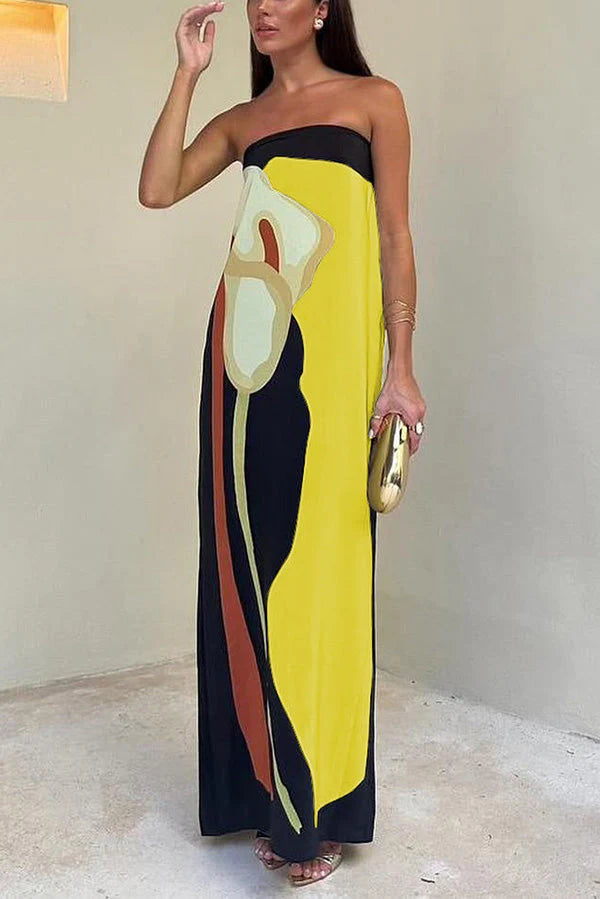 Abstract Floral Print Elasticated Off Shoulder Vacation Loose Maxi Dress