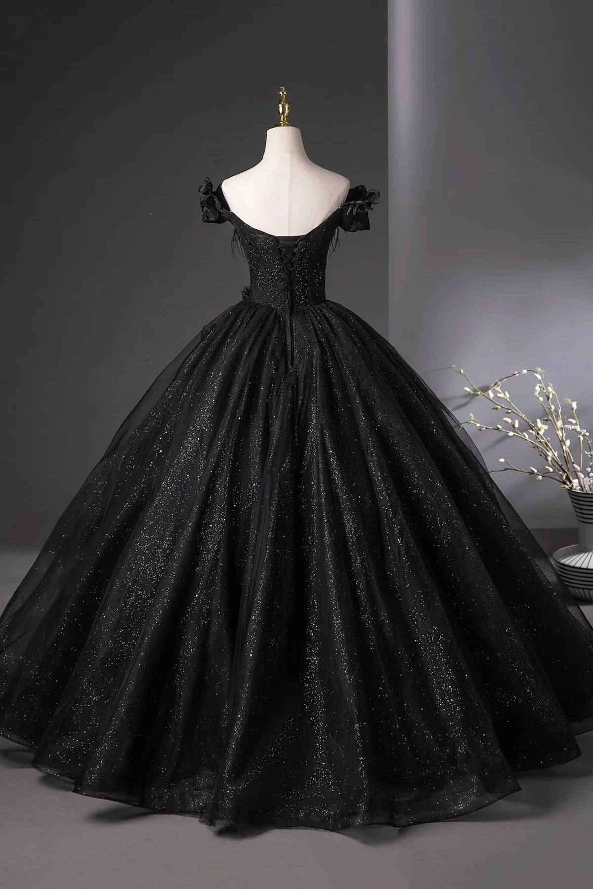 Shiny Black Tulle Long Ball Gown, A-line Off the Shoulder Feather Evening Gown