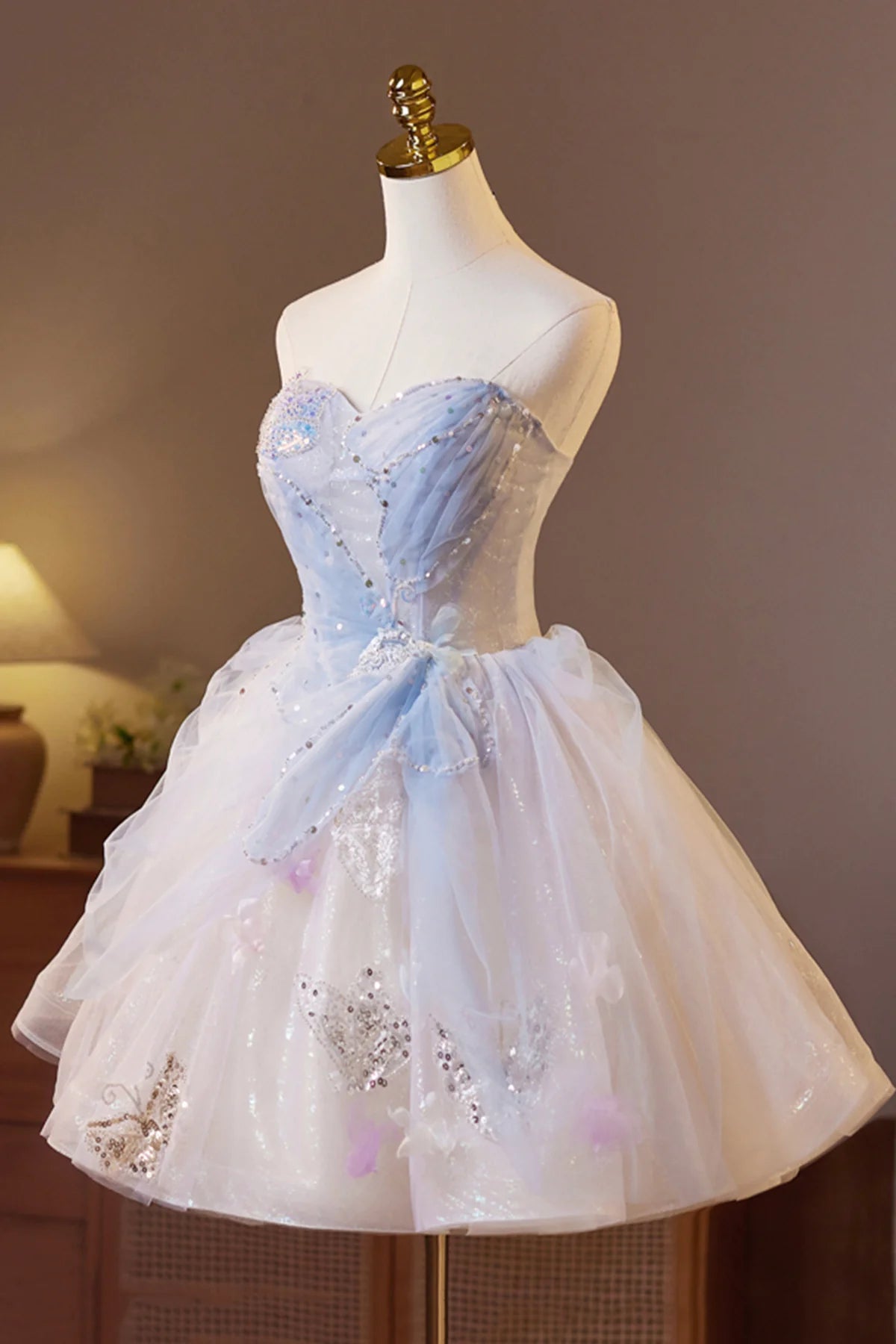 Sparkling Tulle Short Prom Dress, Beautiful A-Line Strapless Evening Party Dress