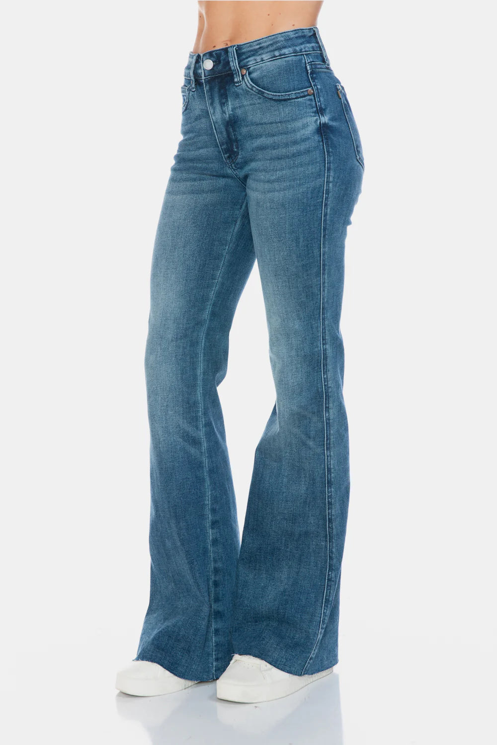 Gemigirl Mid Rise Tummy Control Cut Hem Flare Jeans in Vintage Wash
