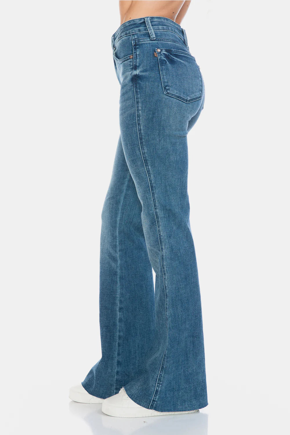 Gemigirl Mid Rise Tummy Control Cut Hem Flare Jeans in Vintage Wash