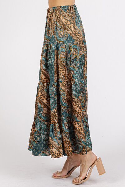 Paisley Patchwork Print Satin Maxi Skirt in Teal Green
