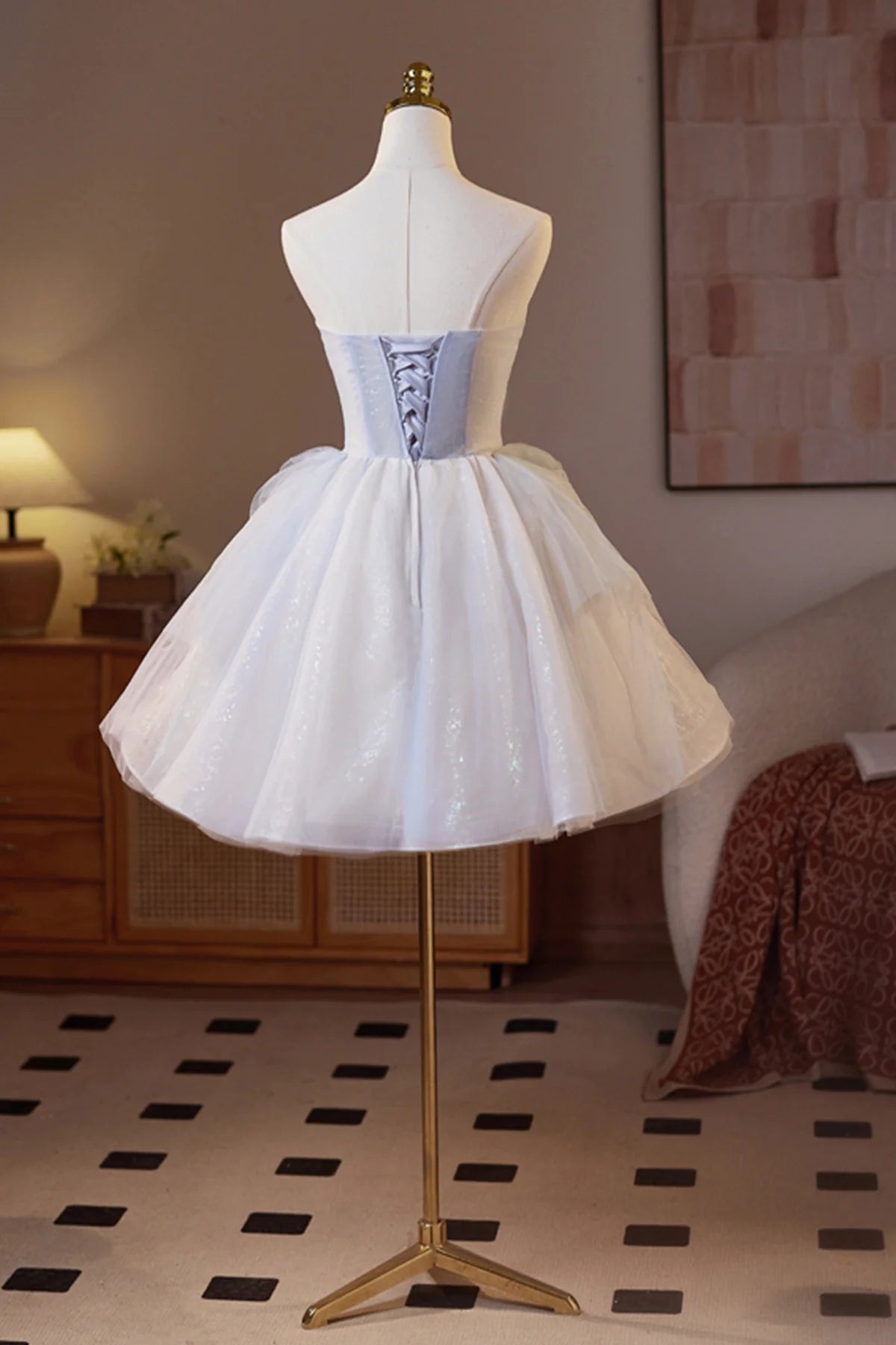 Sparkling Tulle Short Prom Dress, Beautiful A-Line Strapless Evening Party Dress