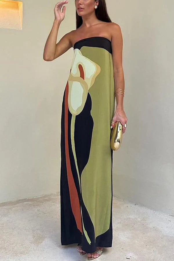 Abstract Floral Print Elasticated Off Shoulder Vacation Loose Maxi Dress