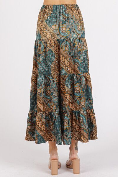 Paisley Patchwork Print Satin Maxi Skirt in Teal Green