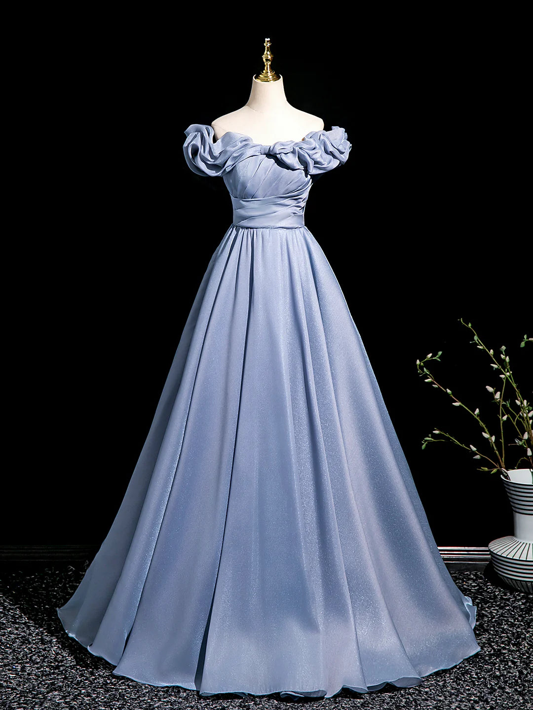 Blue Tulle Pleated Long Prom Dress, Elegant A-Line Evening Party Dress