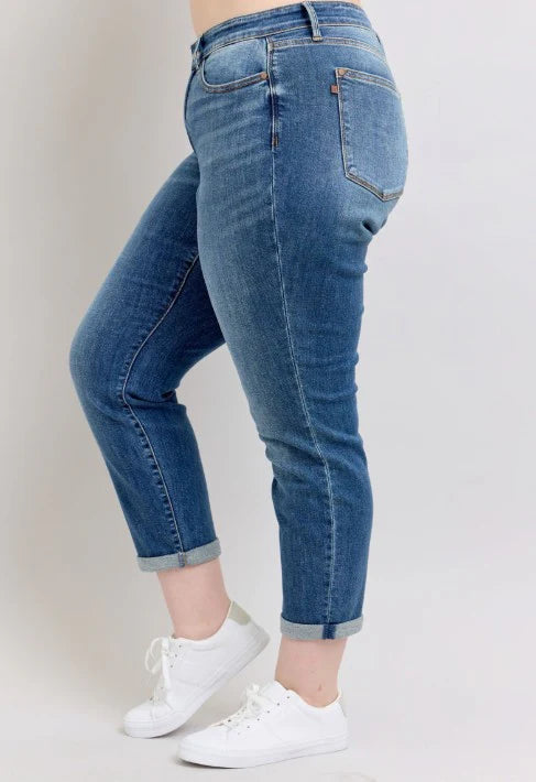 Gemigirl Mid Rise Skinny Cuff Jeans with Pockets in Dark Wash