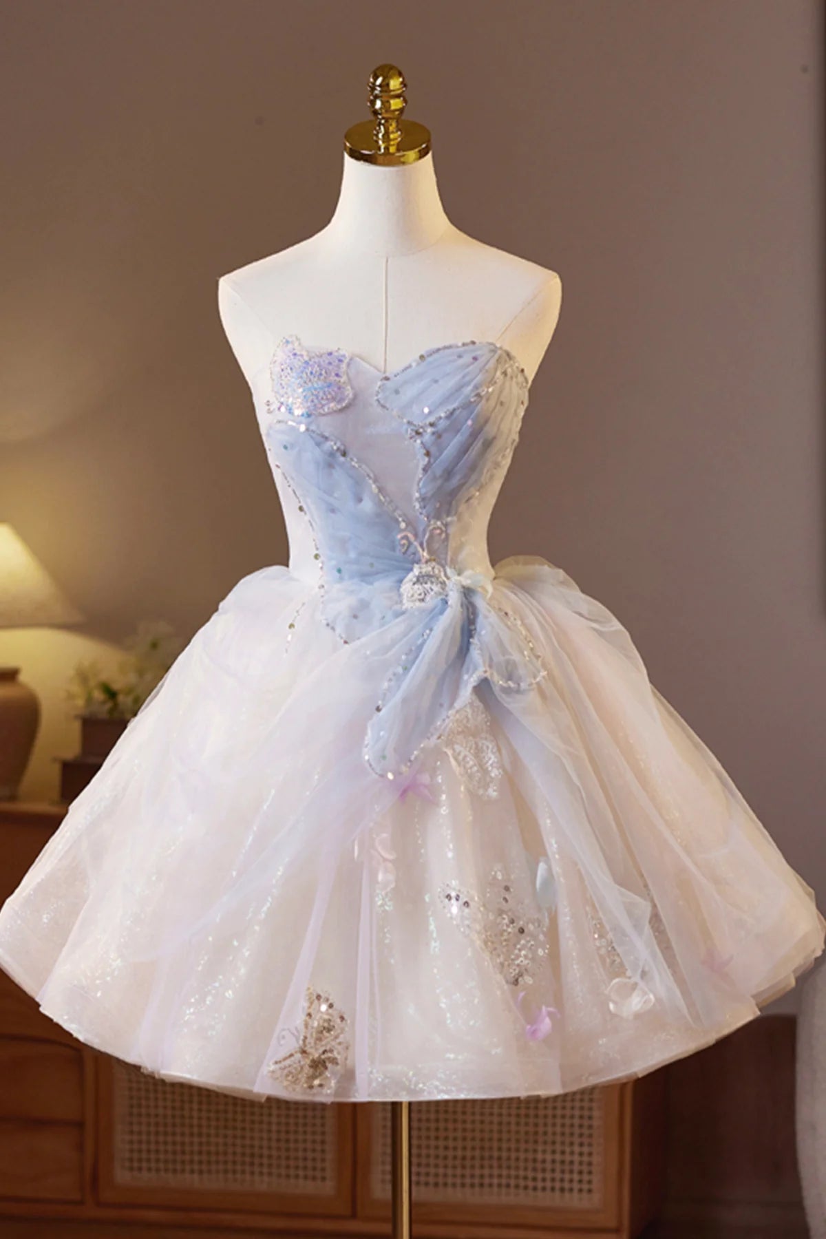 Sparkling Tulle Short Prom Dress, Beautiful A-Line Strapless Evening Party Dress