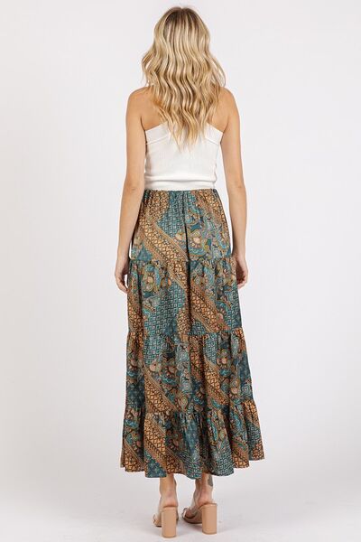 Paisley Patchwork Print Satin Maxi Skirt in Teal Green
