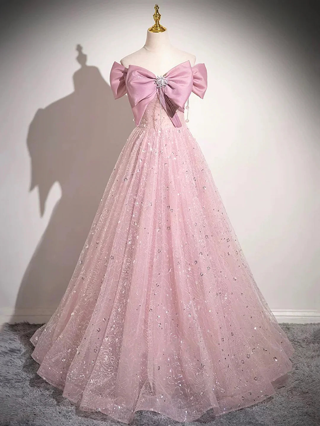 Pink Tulle Sequins Long Prom Dress, Lovely A-Line Evening Party Dress