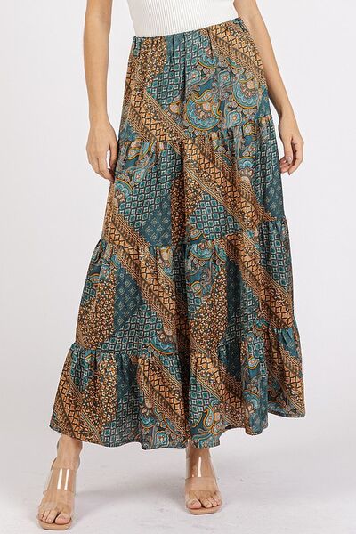 Paisley Patchwork Print Satin Maxi Skirt in Teal Green