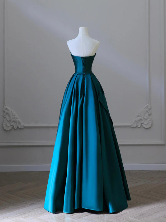 A-Line Satin Floor Length Prom Dress, Blue Strapless Evening Party Dress