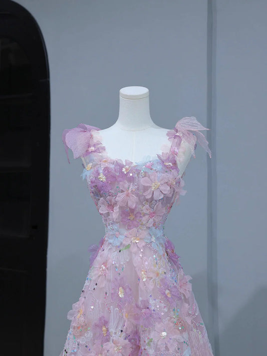 A-Line Purple Pink Tulle Flowers Long Prom Dress, Beautiful Evening Party Dress