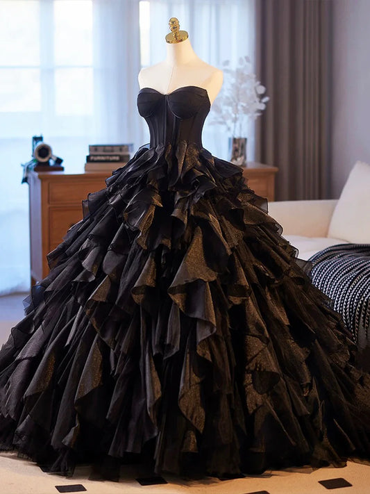Beautiful Black Cascading Ruffles Prom Dress, Black Strapless Long Formal Dress