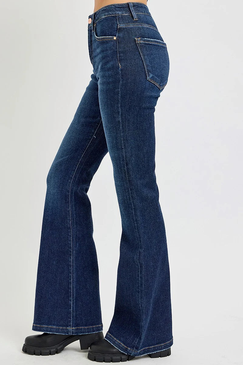 RISEN High Rise Flare Jeans with Pockets in Dark Wash
