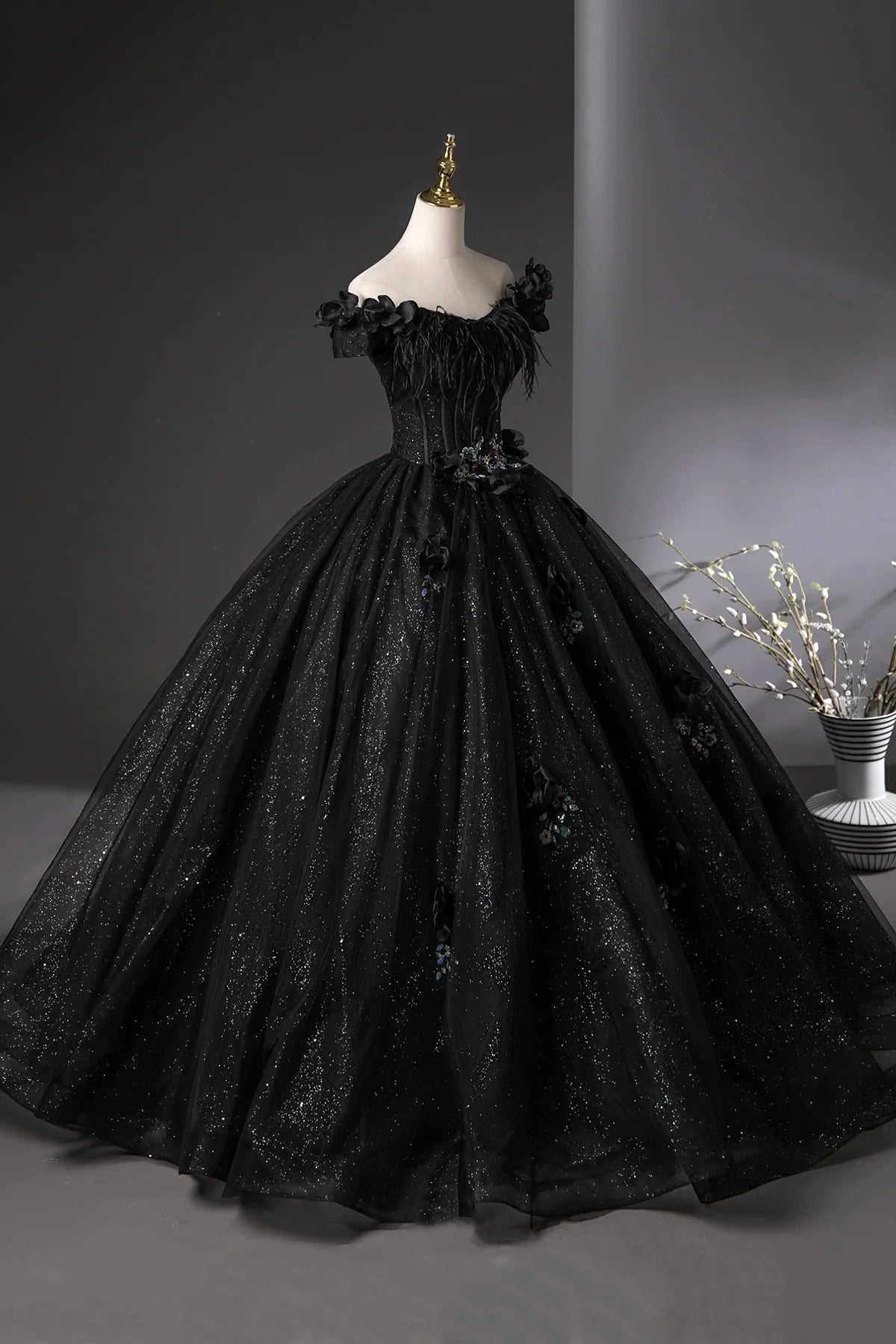 Shiny Black Tulle Long Ball Gown, A-line Off the Shoulder Feather Evening Gown
