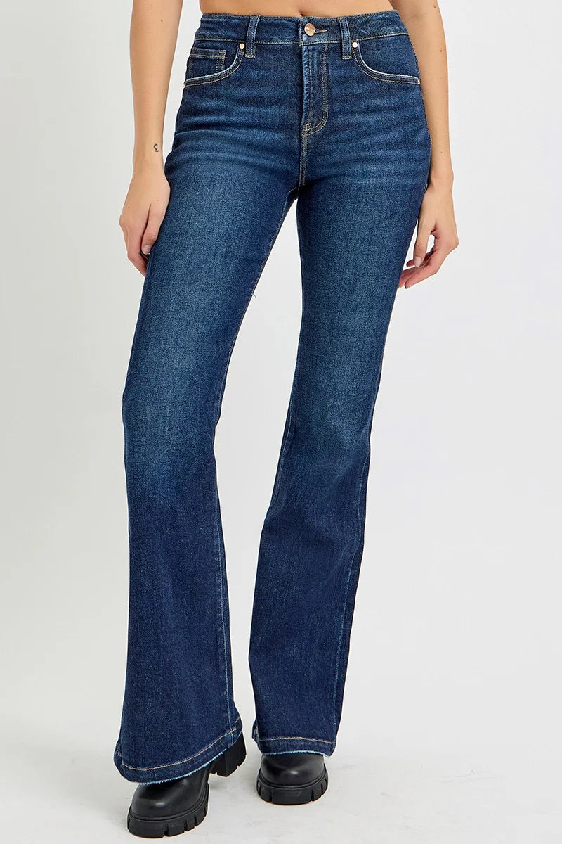 RISEN High Rise Flare Jeans with Pockets in Dark Wash